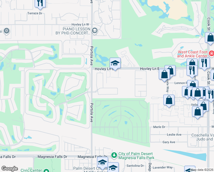map of restaurants, bars, coffee shops, grocery stores, and more near 74102 Via Venezia in Palm Desert