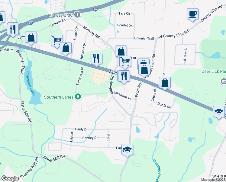 map of restaurants, bars, coffee shops, grocery stores, and more near 3796 Longview Drive in Douglasville