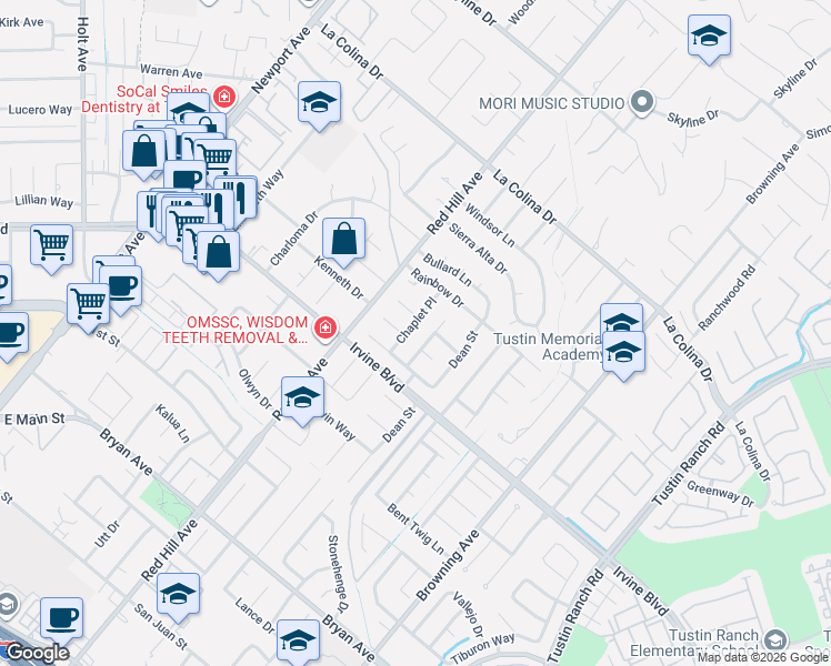 map of restaurants, bars, coffee shops, grocery stores, and more near 12872 Chaplet Place in Santa Ana