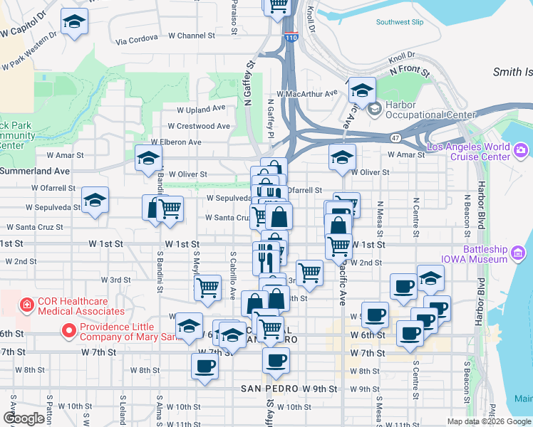 map of restaurants, bars, coffee shops, grocery stores, and more near 725 West Sepulveda Street in Los Angeles