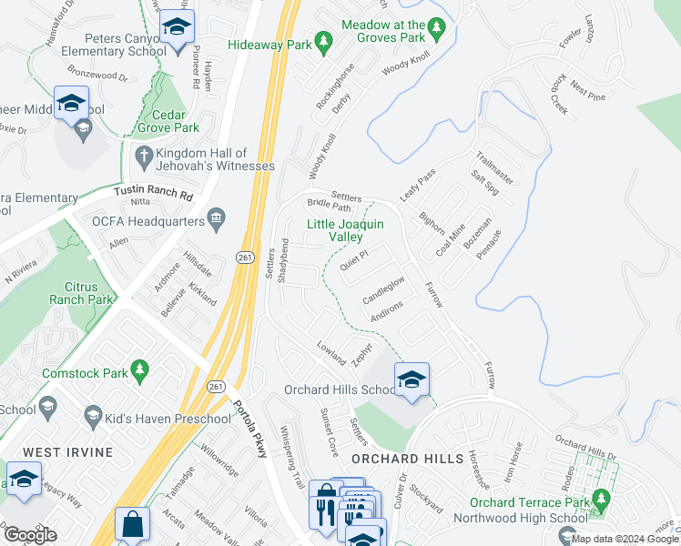 map of restaurants, bars, coffee shops, grocery stores, and more near 148 Quiet Place in Irvine