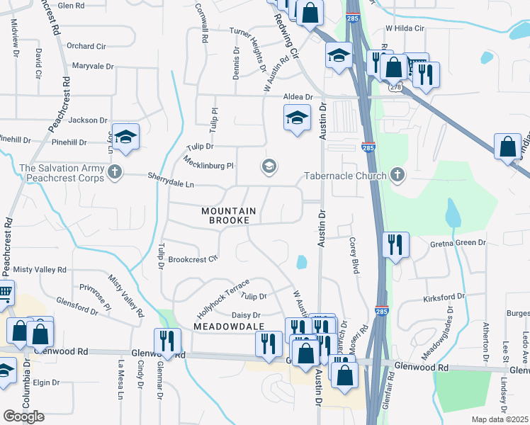 map of restaurants, bars, coffee shops, grocery stores, and more near 1616 West Austin Road in Decatur