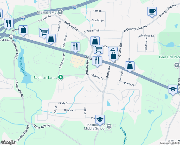 map of restaurants, bars, coffee shops, grocery stores, and more near 3796 Longview Drive in Douglasville