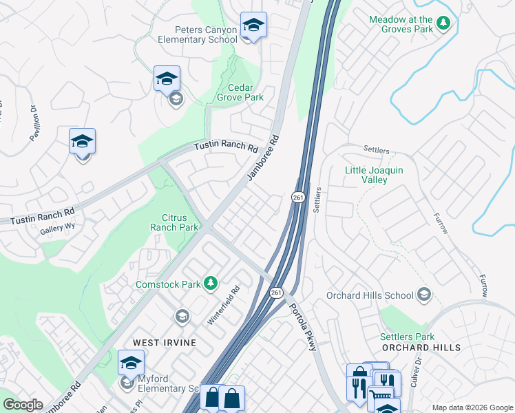 map of restaurants, bars, coffee shops, grocery stores, and more near 5 Bradford in Irvine
