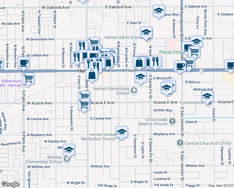 map of restaurants, bars, coffee shops, grocery stores, and more near 233 South Buena Vista Street in Hemet