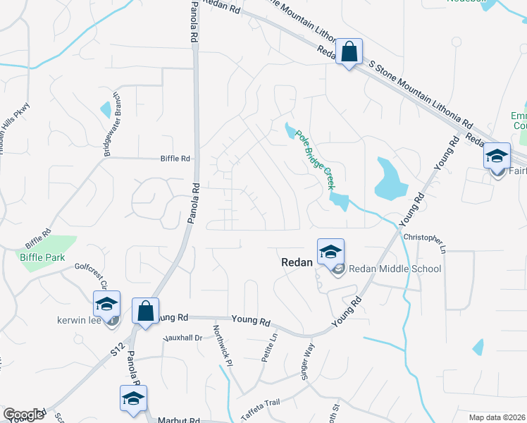 map of restaurants, bars, coffee shops, grocery stores, and more near 1598 Circlestone Drive in Stone Mountain