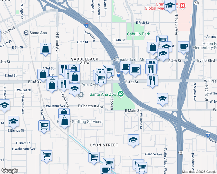 map of restaurants, bars, coffee shops, grocery stores, and more near 1660 East First Street in Santa Ana