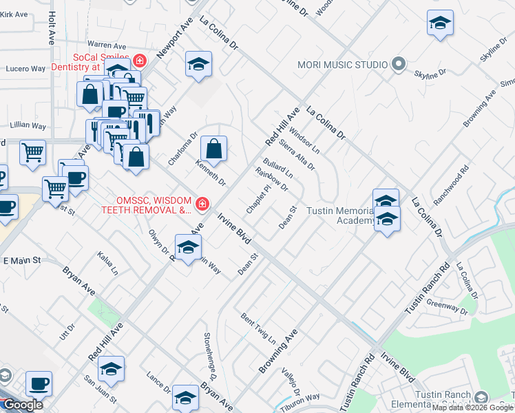 map of restaurants, bars, coffee shops, grocery stores, and more near 12872 Chaplet Place in Santa Ana