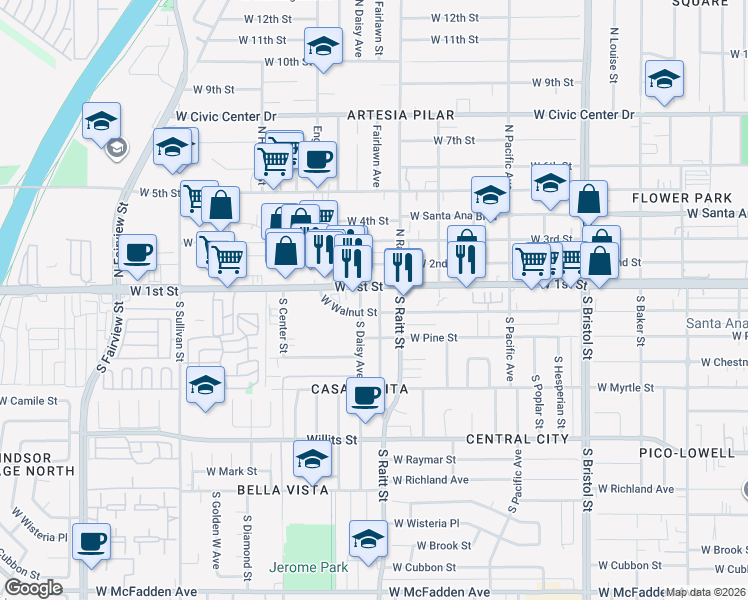 map of restaurants, bars, coffee shops, grocery stores, and more near 112 Franklin Street in Santa Ana