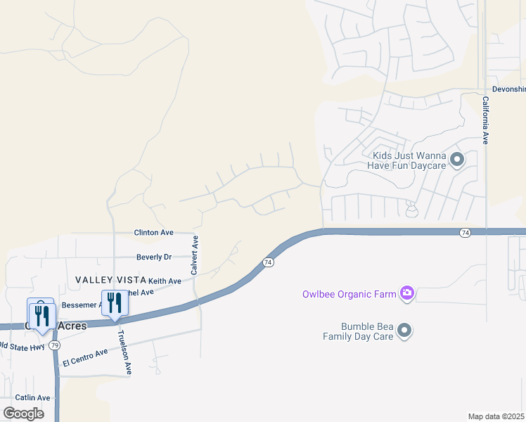 map of restaurants, bars, coffee shops, grocery stores, and more near 8760 Mann Lane in Hemet