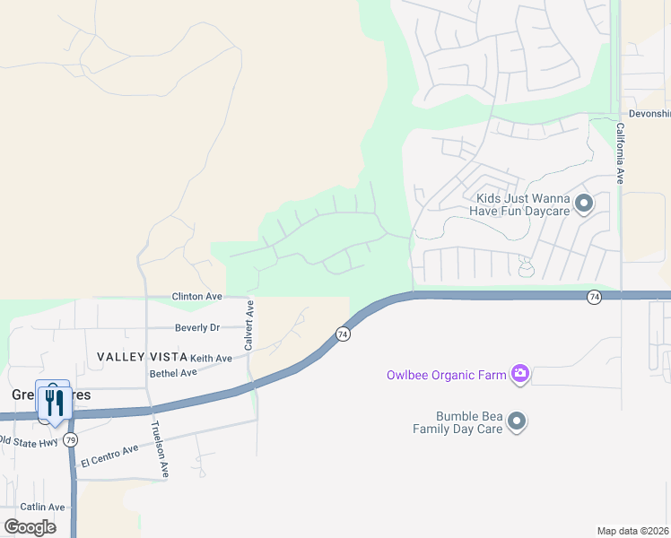 map of restaurants, bars, coffee shops, grocery stores, and more near 8760 Mann Lane in Hemet