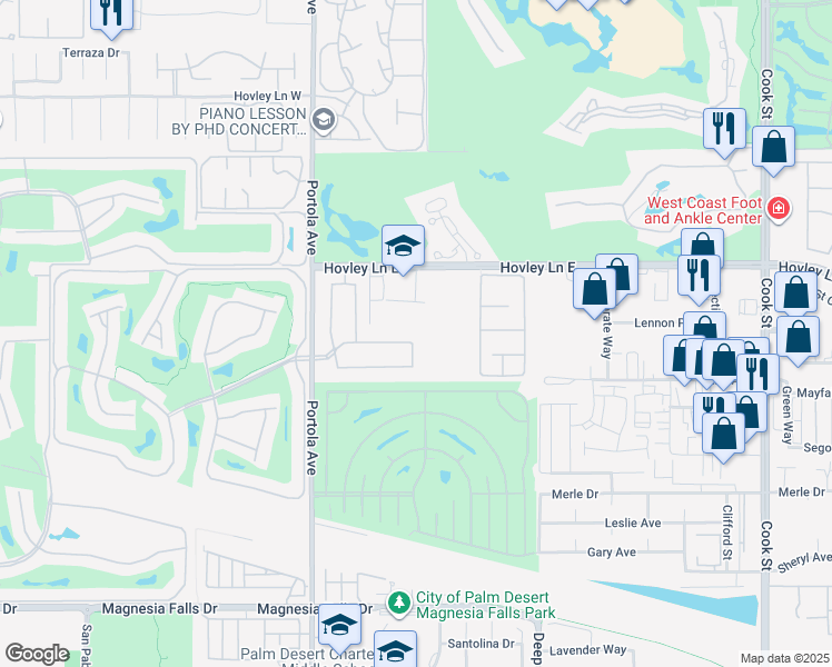 map of restaurants, bars, coffee shops, grocery stores, and more near 74226 Via Venezia in Palm Desert