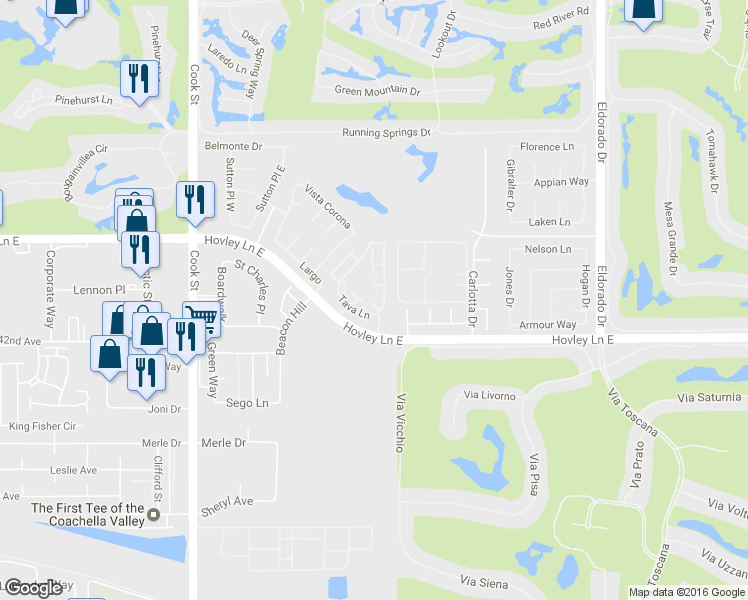 map of restaurants, bars, coffee shops, grocery stores, and more near 437 Tava Lane in Palm Desert