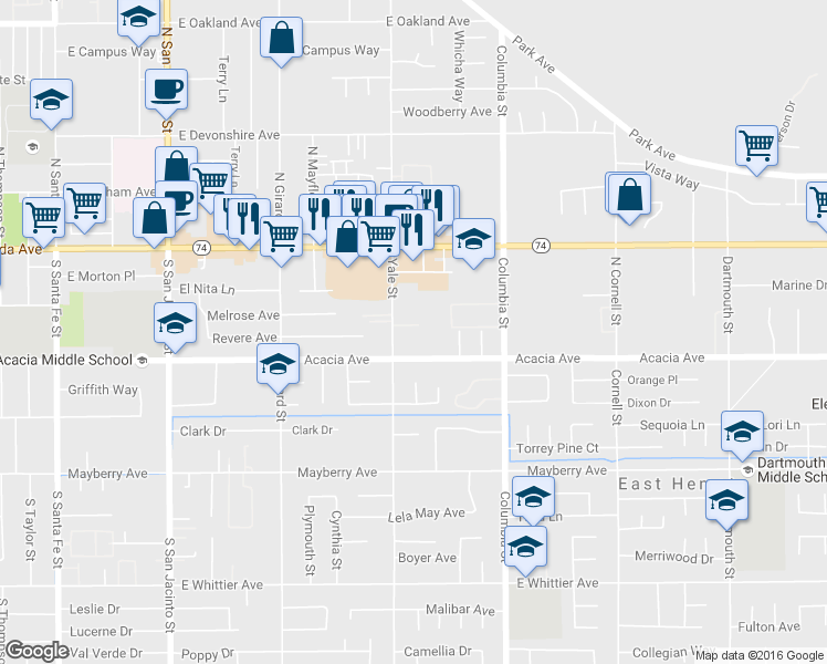 map of restaurants, bars, coffee shops, grocery stores, and more near 228 Yale Street in Hemet