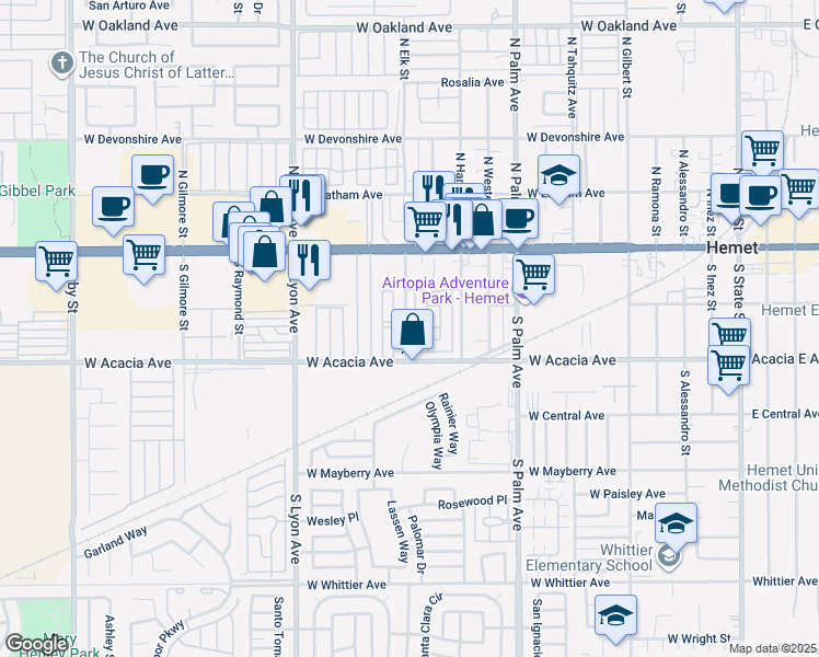 map of restaurants, bars, coffee shops, grocery stores, and more near 9 South Elk Street in Hemet