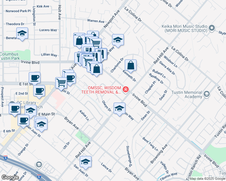 map of restaurants, bars, coffee shops, grocery stores, and more near 1332 Arloura Way in Tustin