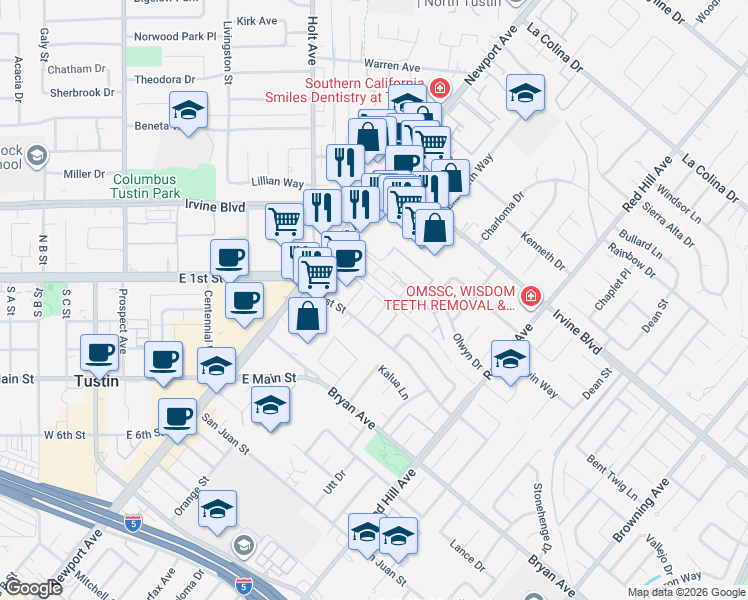 map of restaurants, bars, coffee shops, grocery stores, and more near 13224 Newport Avenue in Tustin