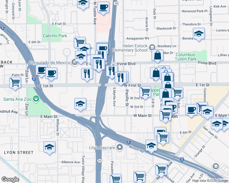 map of restaurants, bars, coffee shops, grocery stores, and more near 660 West First Street in Tustin