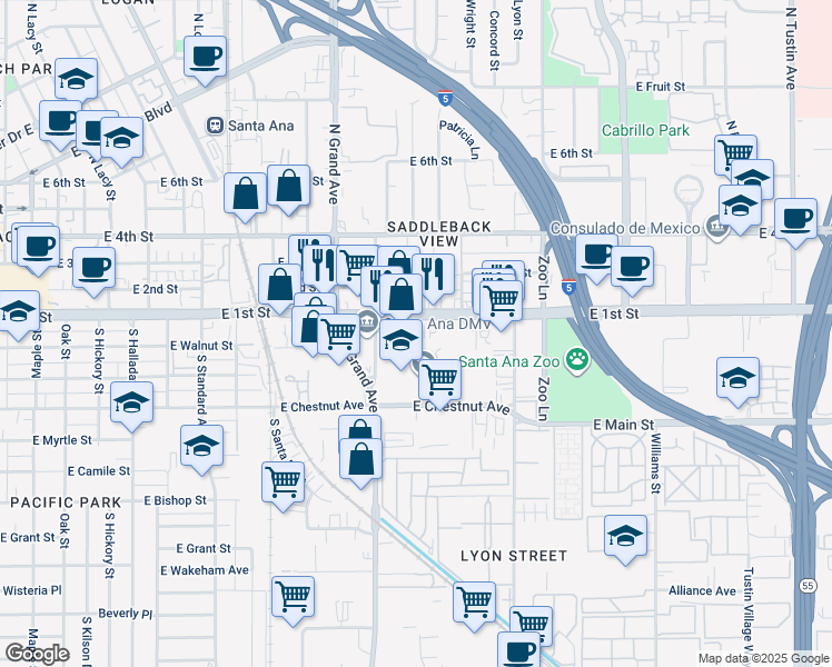 map of restaurants, bars, coffee shops, grocery stores, and more near 1440 East First Street in Santa Ana
