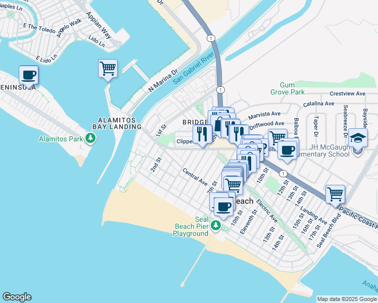 map of restaurants, bars, coffee shops, grocery stores, and more near 330 Clipper Way in Seal Beach