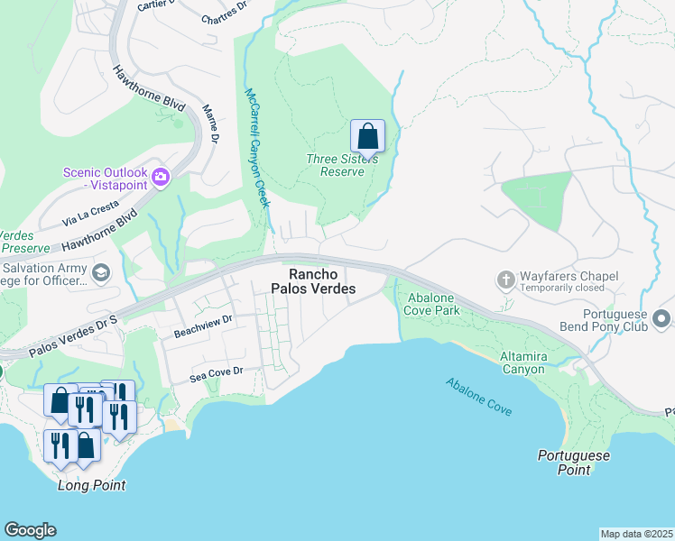 map of restaurants, bars, coffee shops, grocery stores, and more near 6180 Arrowroot Lane in Rancho Palos Verdes