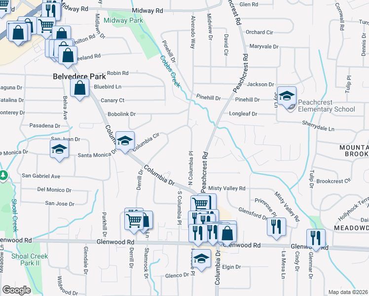 map of restaurants, bars, coffee shops, grocery stores, and more near 1597 North Columbia Place in Decatur