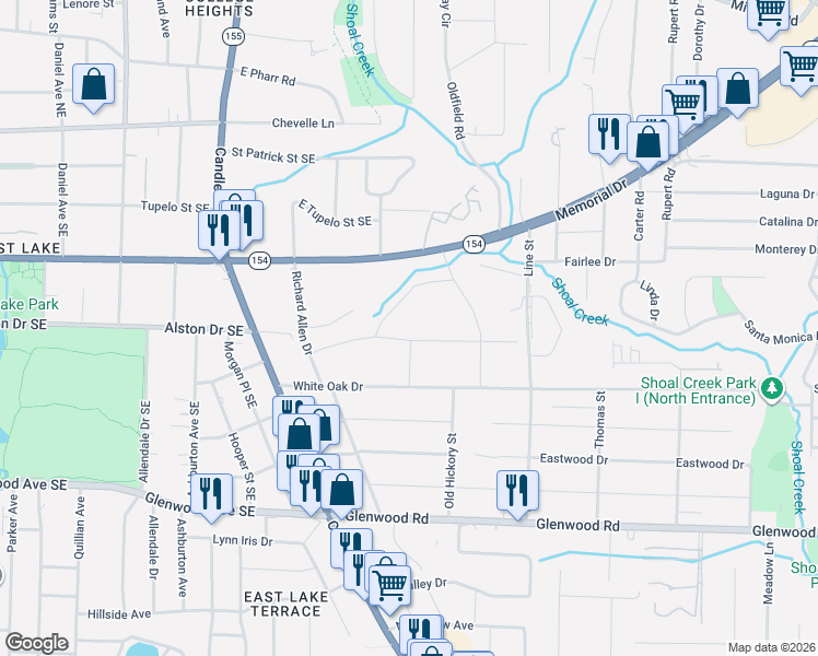 map of restaurants, bars, coffee shops, grocery stores, and more near 2563 Dusty Lane in Decatur