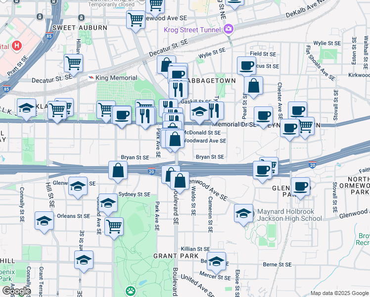 map of restaurants, bars, coffee shops, grocery stores, and more near 610 Woodward Avenue Southeast in Atlanta