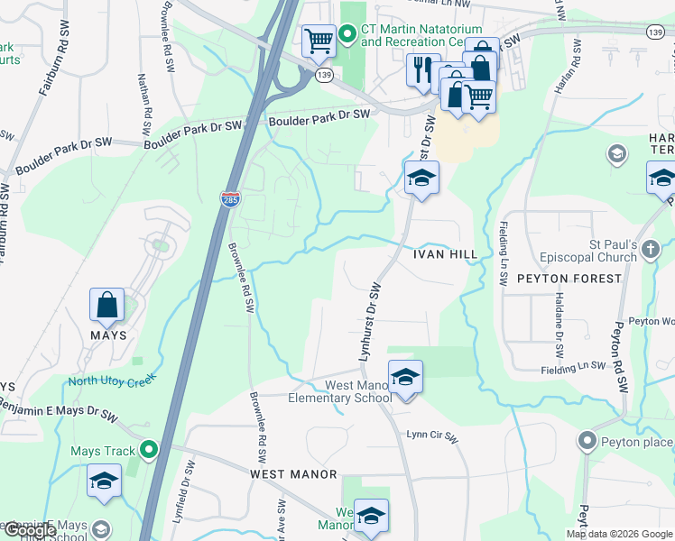 map of restaurants, bars, coffee shops, grocery stores, and more near 3248 Westport Way Southwest in Atlanta