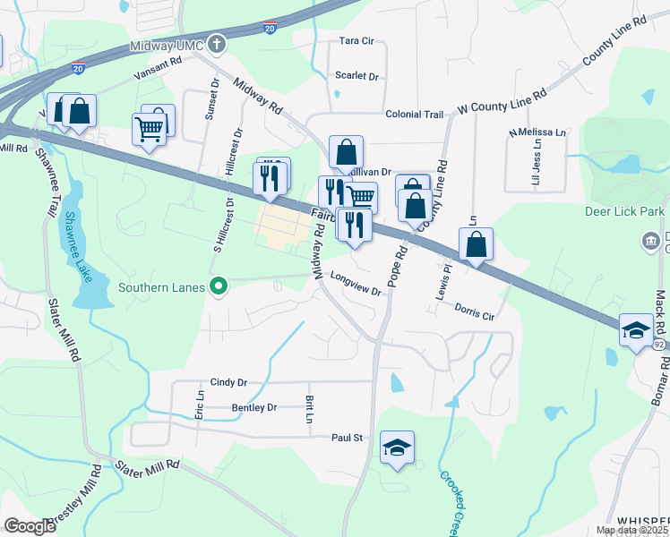 map of restaurants, bars, coffee shops, grocery stores, and more near 3796 Longview Drive in Douglasville