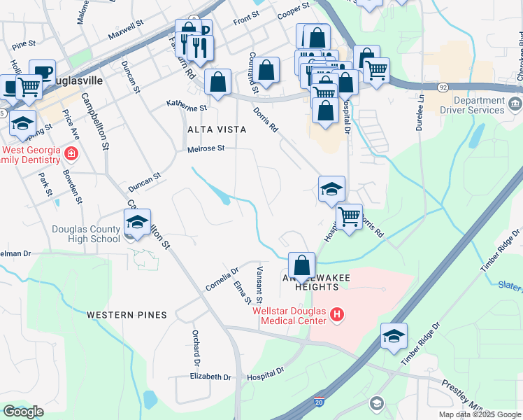 map of restaurants, bars, coffee shops, grocery stores, and more near 6234 Melrose Street in Douglasville