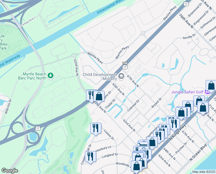 map of restaurants, bars, coffee shops, grocery stores, and more near 6465 Torino Lane in Myrtle Beach