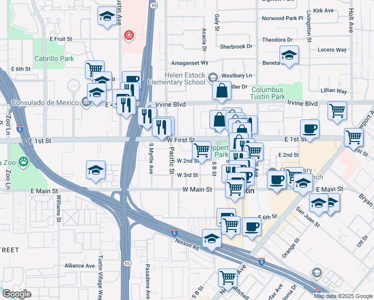 map of restaurants, bars, coffee shops, grocery stores, and more near 428 West First Street in Tustin