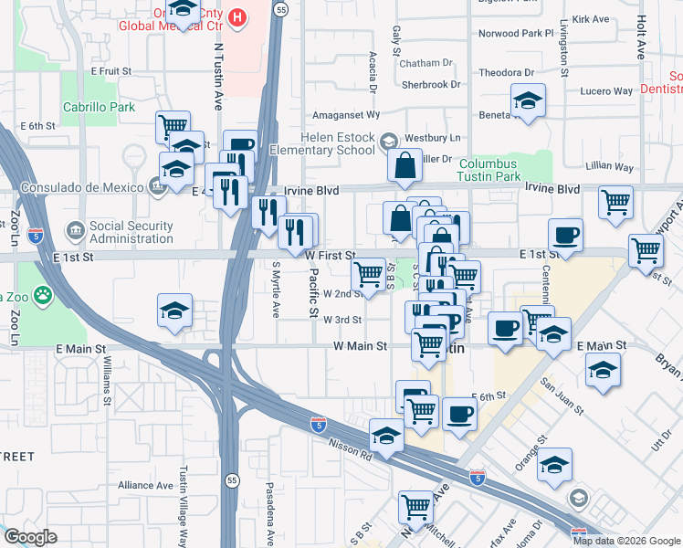 map of restaurants, bars, coffee shops, grocery stores, and more near 428 West First Street in Tustin