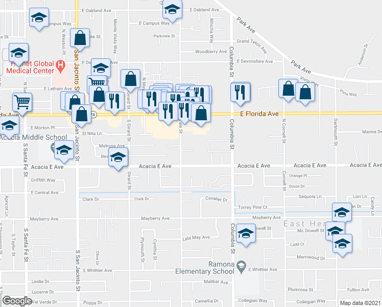 map of restaurants, bars, coffee shops, grocery stores, and more near 248 South Yale Street in Hemet