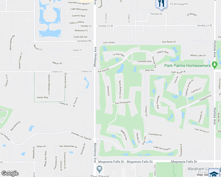 map of restaurants, bars, coffee shops, grocery stores, and more near 244 Serena Drive in Palm Desert