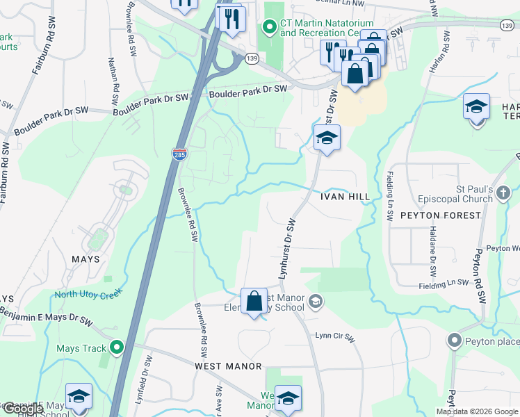 map of restaurants, bars, coffee shops, grocery stores, and more near 3248 Westport Way SW in Atlanta