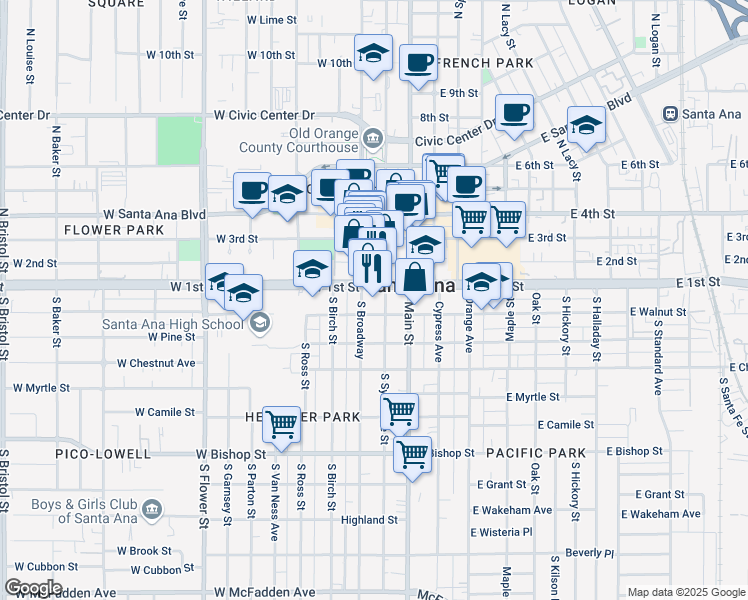 map of restaurants, bars, coffee shops, grocery stores, and more near 210 West 1st Street in Santa Ana