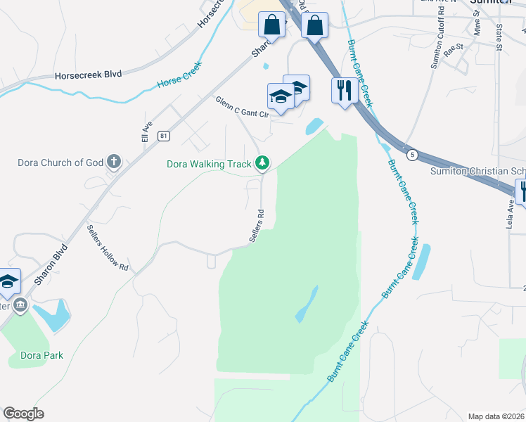 map of restaurants, bars, coffee shops, grocery stores, and more near 852 Sellers Hollow Road in Dora