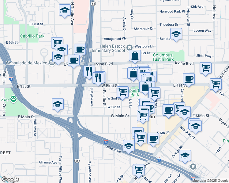 map of restaurants, bars, coffee shops, grocery stores, and more near 426 West First Street in Tustin