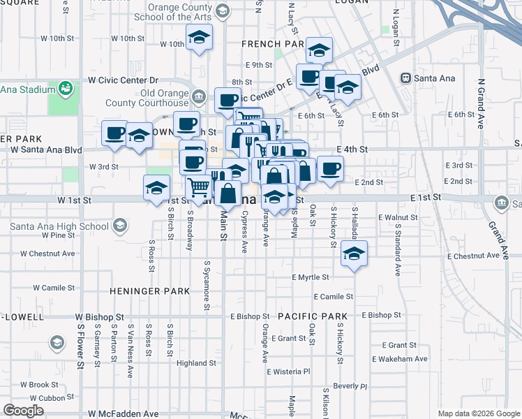 map of restaurants, bars, coffee shops, grocery stores, and more near 301431 East 1st Street in Santa Ana