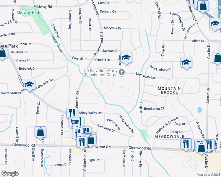 map of restaurants, bars, coffee shops, grocery stores, and more near 1601 Cobbs Creek Lane in Decatur