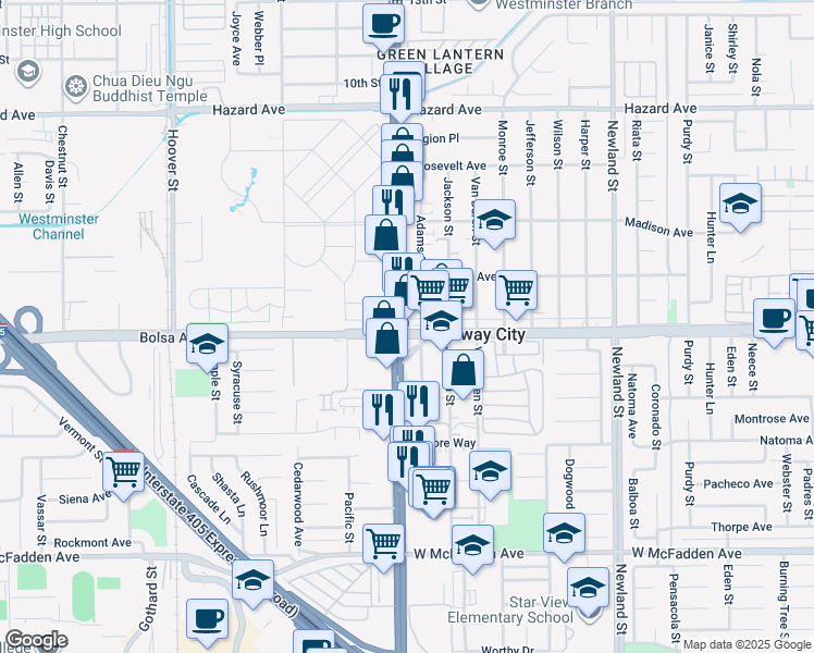 map of restaurants, bars, coffee shops, grocery stores, and more near 14972 Beach Boulevard in Westminster