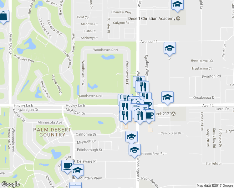 map of restaurants, bars, coffee shops, grocery stores, and more near 77830 Woodhaven Drive South in Palm Desert