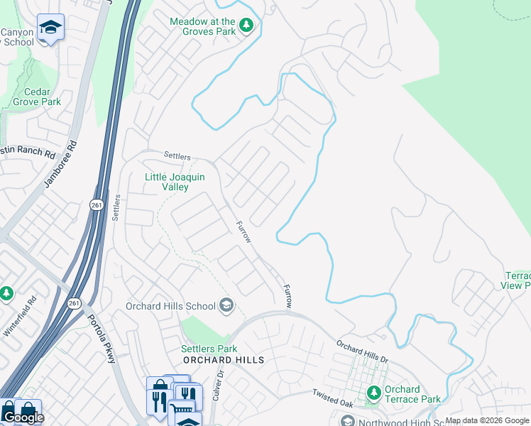 map of restaurants, bars, coffee shops, grocery stores, and more near Furrow in Irvine