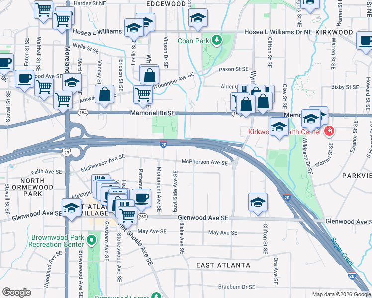 map of restaurants, bars, coffee shops, grocery stores, and more near 281 Lamon Avenue Southeast in Atlanta