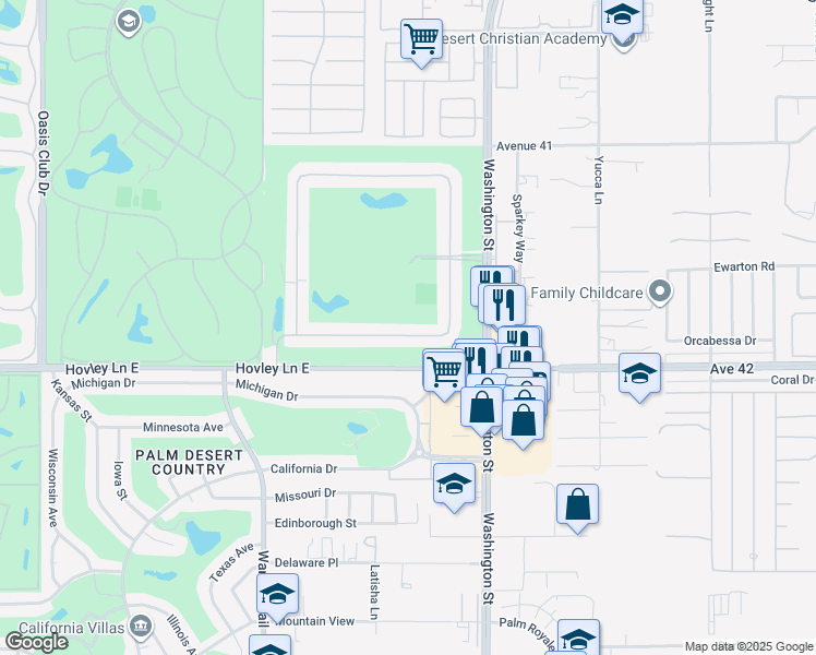 map of restaurants, bars, coffee shops, grocery stores, and more near 77820 Woodhaven Drive East in Palm Desert