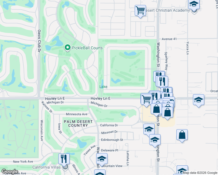 map of restaurants, bars, coffee shops, grocery stores, and more near 41810 Woodhaven Drive West in Palm Desert