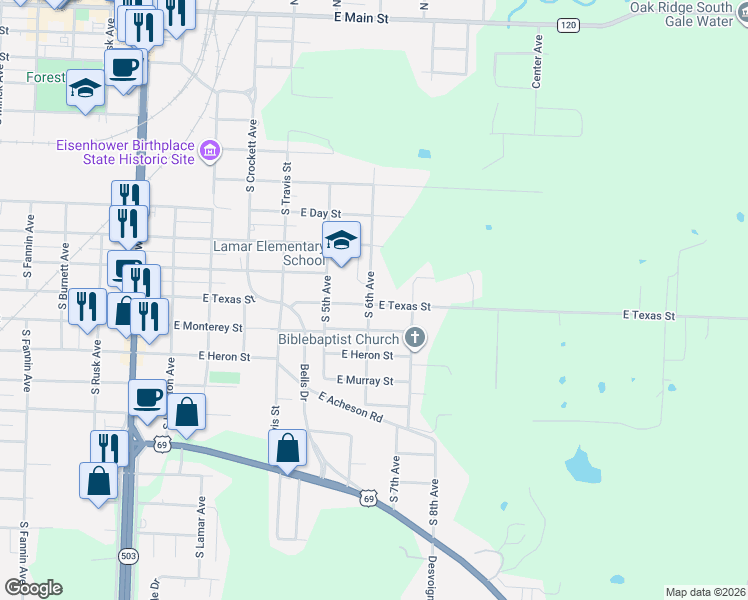 map of restaurants, bars, coffee shops, grocery stores, and more near 1000 South 6th Avenue in Denison