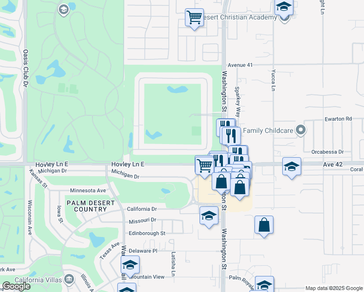 map of restaurants, bars, coffee shops, grocery stores, and more near 77820 Woodhaven Drive East in Palm Desert